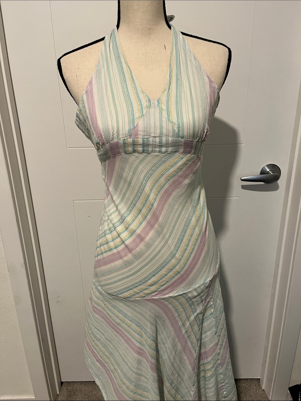 Y2K Roxy Halter-Neck Pastel Striped Maxi Dress Cottagecore Bohemian Coastal